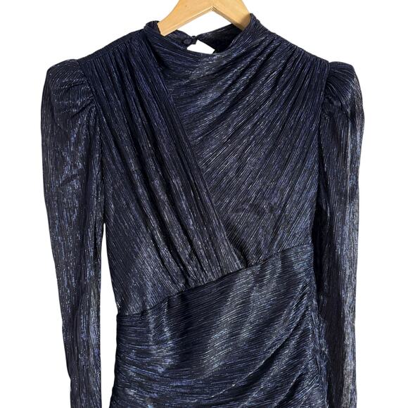Sabina Musayev Brenda Navy Blue Metallic Long Sleeve Mock Neck Mini Dress Small - Picture 7 of 12